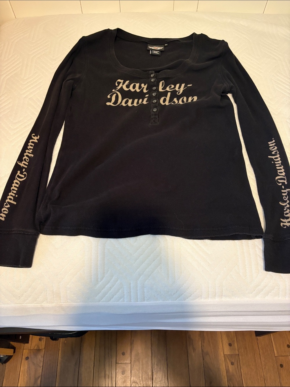 Harley-Davidson Black Long Sleeve Henley with Cream Script Accents